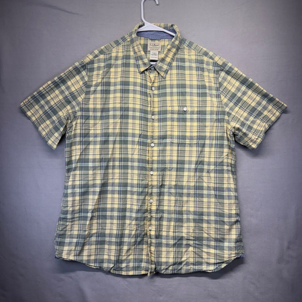 LL Bean Plaid Button Down Shirt Mens XL Yellow Blue Short Sleeve Slightly Fitted
